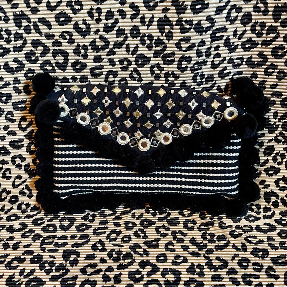 World Market striped pom pom crossbody